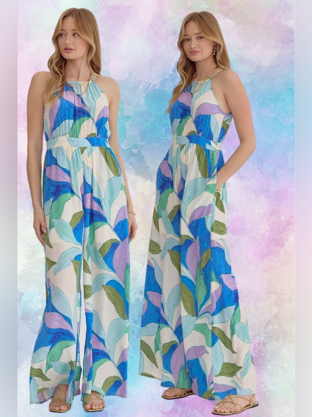 Entro | Paloma Abstract Tropical Vacation Vibes Blue Purple Jumpsuit New Small